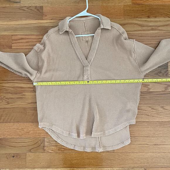 Aerie Waffle Knit Womens Small Tan Long Sleeve V-Neck Relaxed Fit Thermal Top - Picture 7 of 9